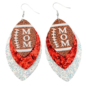 Detail of layered leather rugby mom earrings with red glitter and white sequins