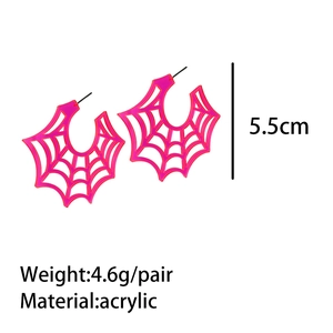 Detail view of pink acrylic spider web earrings showing 5.5cm height and 4.6g weight