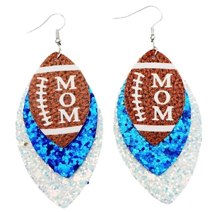 Macro shot of tiered football mom earrings with glitter sequins and brown leather texture