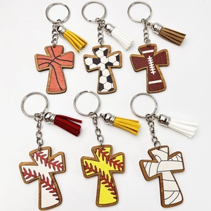 Sport Theme Wooden Cross Keychain With Leather Tassel Basketball Football Baseball Pattern Religious Style Key Ring For Women Mom
