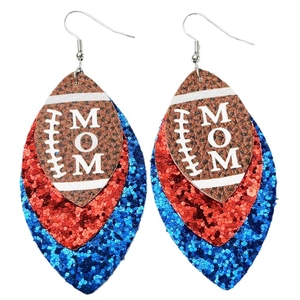 Detail view of football mom leather earrings with multi-layer red and blue glitter
