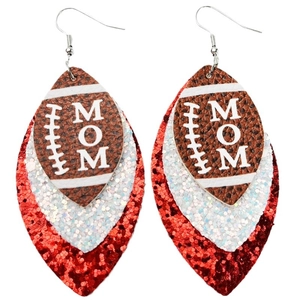 Detail of football-themed triple-layer glitter faux leather MOM earrings for sports moms