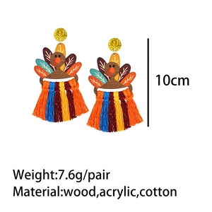 Detail of 10cm handmade beaded turkey earrings with colorful cotton tassels and wooden texture