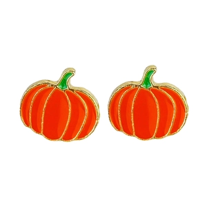 Exquisite pumpkin stud earrings with orange enamel and gold metal for Thanksgiving and Autumn