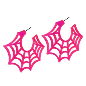 Fluorescent pink acrylic spider web hoop earrings with punk gothic Halloween design