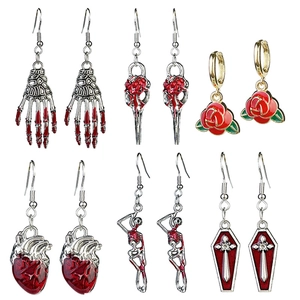 Gothic Halloween Drop Earrings Alloy Enamel Blood Skeleton Bird Skull Anatomy Heart Coffin Rose Punk Jewelry For Women Night