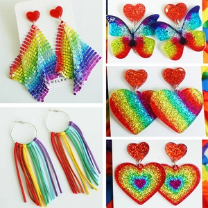 Rainbow Acrylic Heart Butterfly Tassel Drop Earrings For Women Festive Shining Glitter Sequin Party Fashion Jewelry