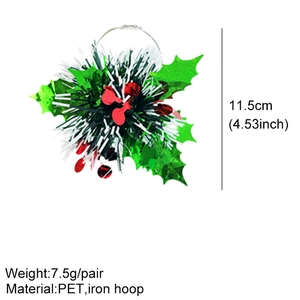 Detail view of 11.5cm festive PET and iron hoop Christmas holly earrings with size specs