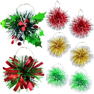 Festive Christmas Acrylic Tinsel Pom Pom Hoop Earrings Christmas Tree Holly Leaf Red Green Shiny Drop Earrings For Women Jewelry