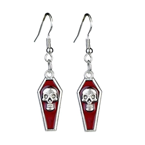 Detailed view of Gothic coffin earrings featuring a silver skull and dark red enamel
