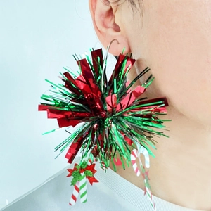 Christmas drop earrings featuring festive red and green spheres and candy cane charms