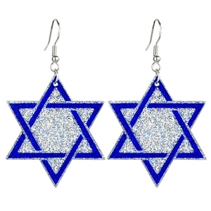 Boucles d'oreilles Étoile de David bleues pailletées pour Hanoucca avec crochets en argent