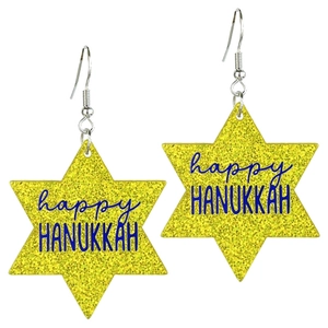 Boucles d'oreilles Hanoukka étoile de David jaune pailleté avec texte happy HANUKKAH