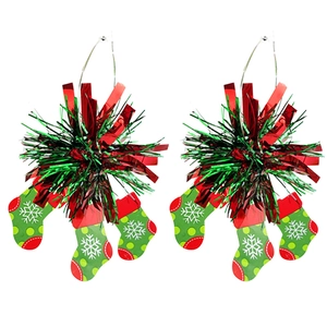 Christmas theme drop earrings with red green sequin balls and mini holiday stocking charms