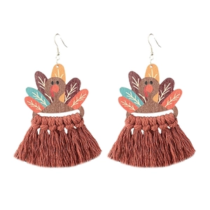 Thanksgiving turkey earrings with painted wood design and brown woven cotton tassels
