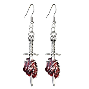 Gothic drop earrings featuring a silver dagger piercing a red enamel heart with a skull