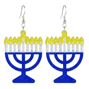 Boucles d'oreilles Menorah avec paillettes bleues et dorées pour fête de Hanoucca