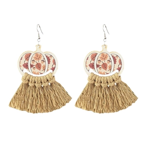 Bohemian pumpkin fringe earrings with maple leaf wooden frames for Thanksgiving party