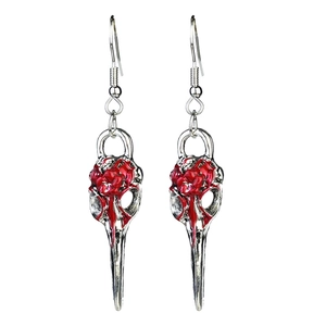 Gothic silver bird skull earrings with red blood drop details for Halloween parties