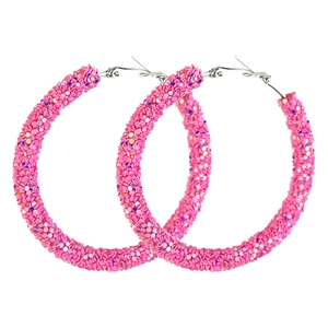 Pink glitter hoop earrings with sparkling sequins for festive parties and holidays