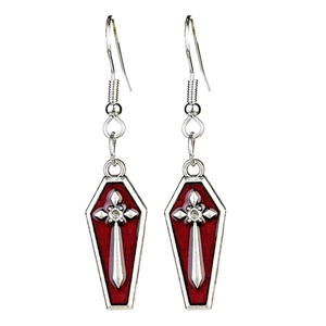 Detail of Gothic coffin earrings featuring red enamel fill and a central silver cross