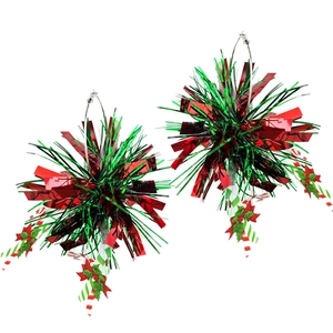 Festive Christmas red and green fringe ball earrings with holly leaf berry charm
