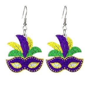 Glittery Mardi Gras mask dangle earrings with purple green and gold feathers on white background