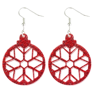 Macro view of red glitter acrylic snowflake earrings with silver fishhook hooks