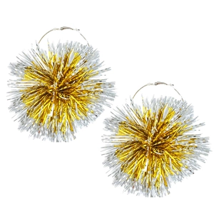 Close-up of festive gold and silver tinsel ball earrings with large silver hoop hooks