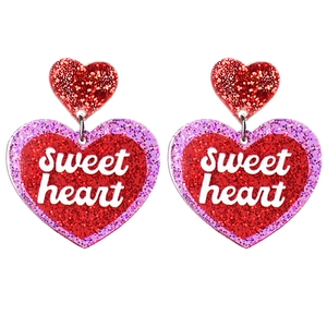 Sparkly glitter heart drop earrings featuring sweet heart text for Valentine party