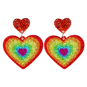 Rainbow glitter acrylic heart dangle earrings with vibrant colorful gradient finish