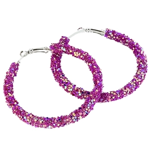 Detailed view of large purple glitter hoop earrings with sparkling circular sequins texture