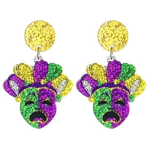 Sparkly Mardi Gras carnival drop earrings with comedy tragedy masks and gold glitter