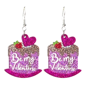 Glitzernde Valentine Acryl-Ohrringe in Kuchenform mit Be My Valentine Schriftzug