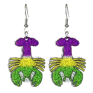 Glittery Mardi Gras lobster earrings in classic purple, yellow and green festival colors