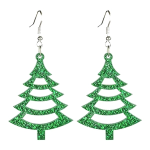 Sparkly green acrylic Christmas tree hollow earrings for festive party wear