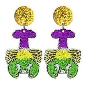 Close-up of lobster acrylic earrings with colorful glitter and gold studs for parties