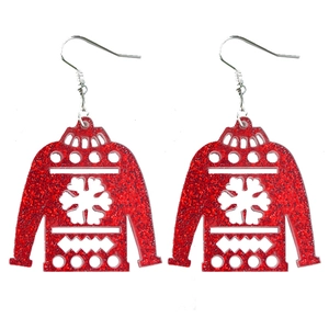 Sparkly red acrylic Christmas sweater earrings with white snowflake patterns and silver hooks