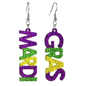 Detail view of glittery purple green and yellow MARDI GRAS letter drop earrings