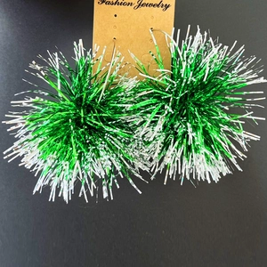 Christmas green and silver tinsel ball tassel earrings on fashion jewelry card