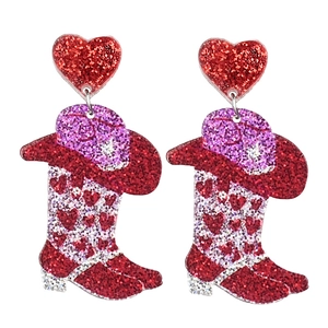 Sparkly red glitter cowboy boot earrings with heart studs for Valentine party decor