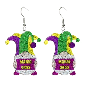 Detail of sequined Mardi Gras gnome earrings with colorful sequins and festive sign