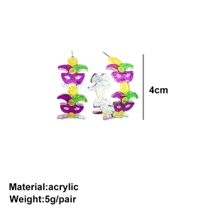 Glittery Mardi Gras C-shape earrings featuring mask and fleur-de-lis acrylic charms
