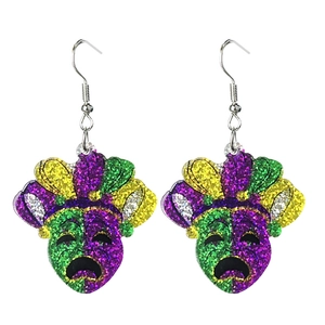 Detailed view of glittery Mardi Gras theater mask earrings with purple and green sequins