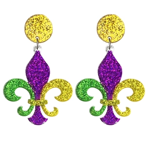 Sparkly Mardi Gras Fleur-de-lis earrings in purple, gold, and green sequins