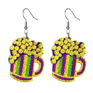 Macro detail of glitter beer mug earrings with festive purple, green and yellow stripes