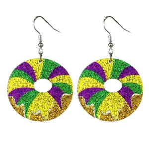 Sparkly Mardi Gras acrylic hoop earrings with purple green and gold glitter stripes