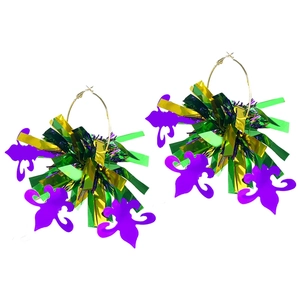 Boucles d'oreilles créoles Mardi Gras avec pompons violet vert or et fleur de lys