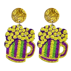 Macro detail of acrylic beer mug earrings with purple green and gold glitter finish