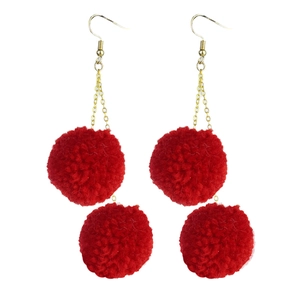 Pink and red plush yarn ball drop earrings with gold chain for Valentine winter style